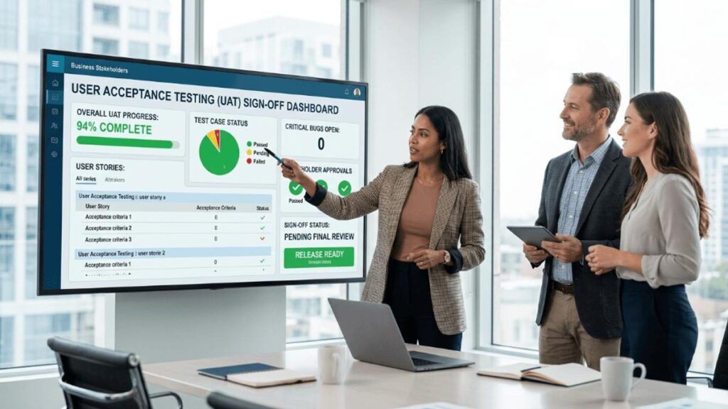 Business owner reviewing dashboard testing results and executive reporting acceptance checklist
