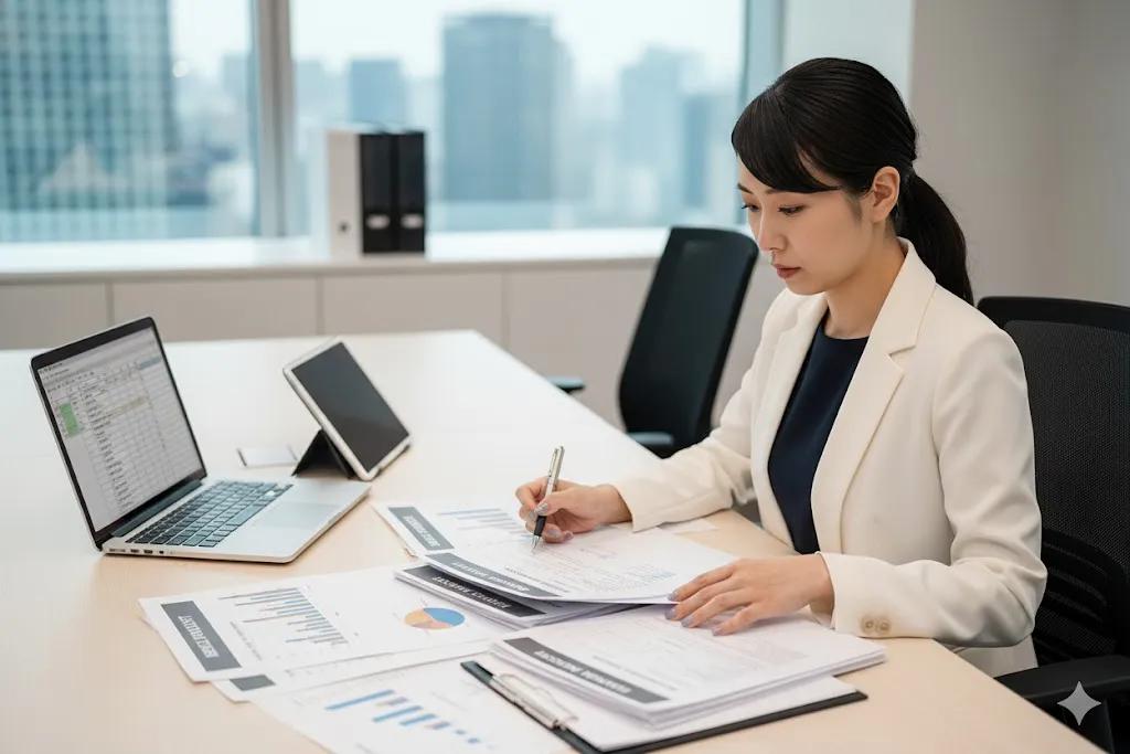 Business professional checking structured data and document templates before generating a business document