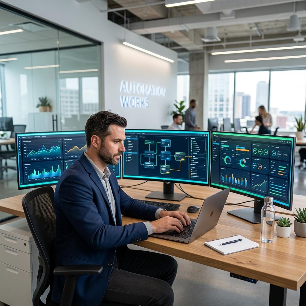 Business professional managing automated saas workflows on a computer