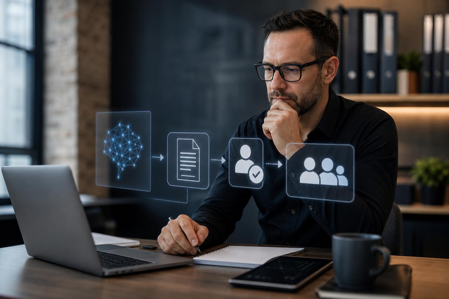 Business professional reviewing an automated document workflow for accurate business document generation