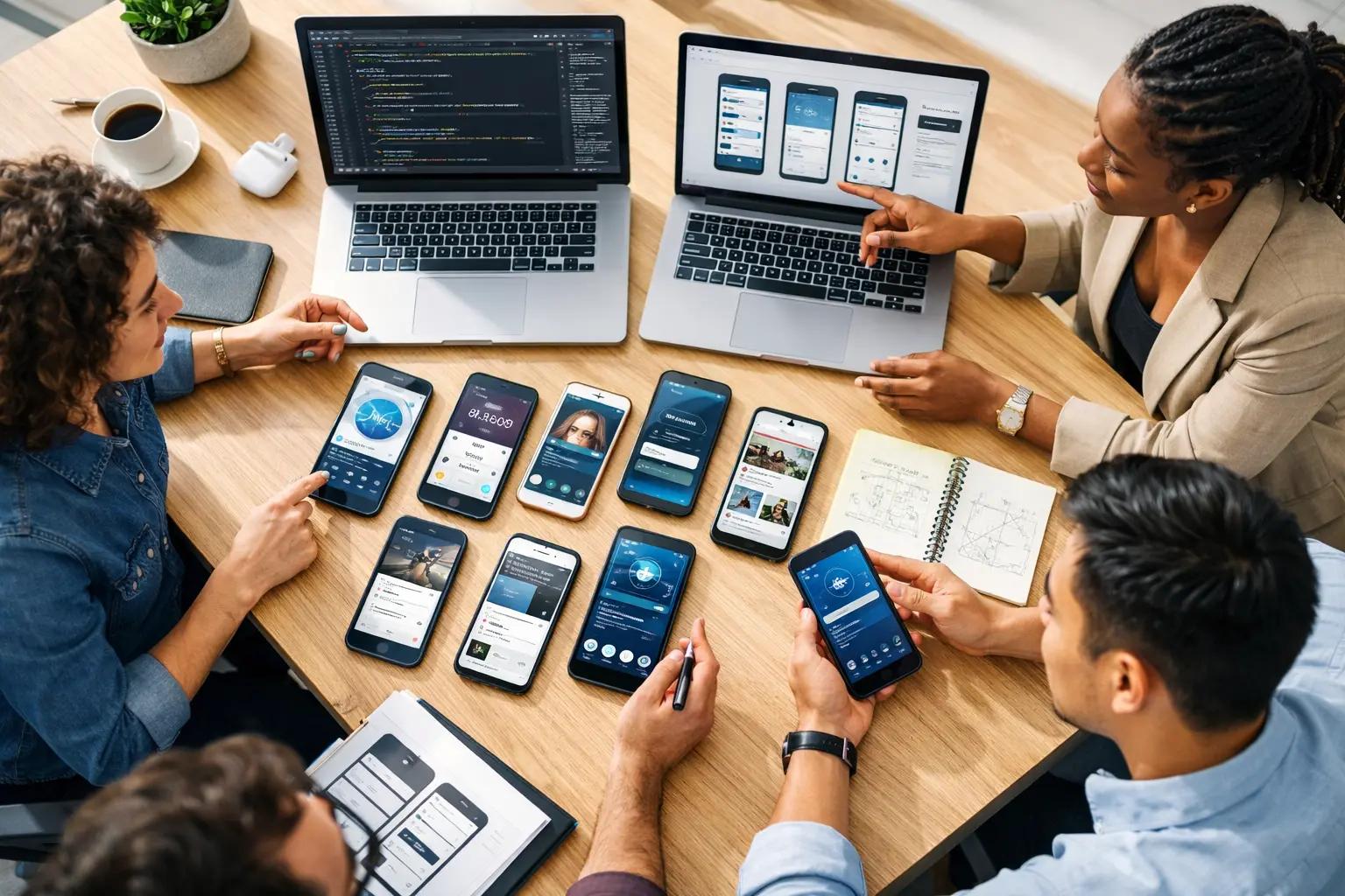 Business software development team comparing web and mobile application technology stacks