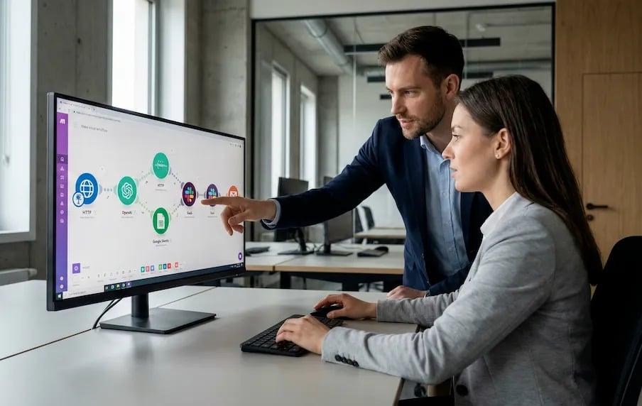 Business team comparing zapier make and custom automation solutions