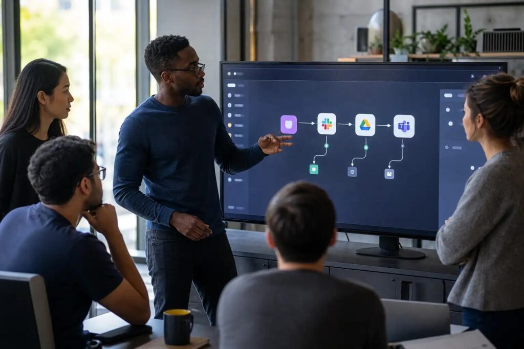 Business team designing no code workflow automation across multiple applications
