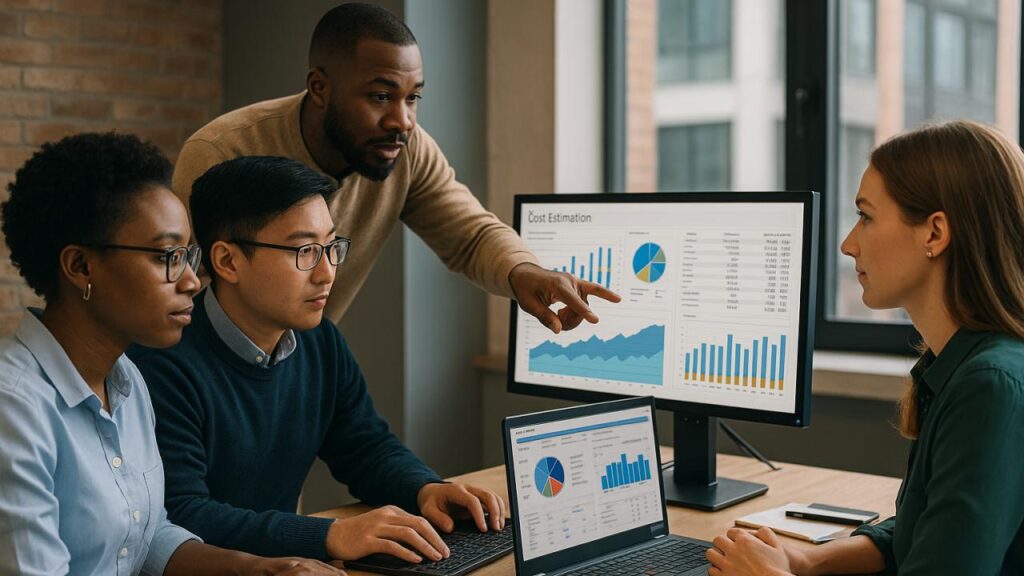 Business team planning mobile app maintenance costs and operating budget