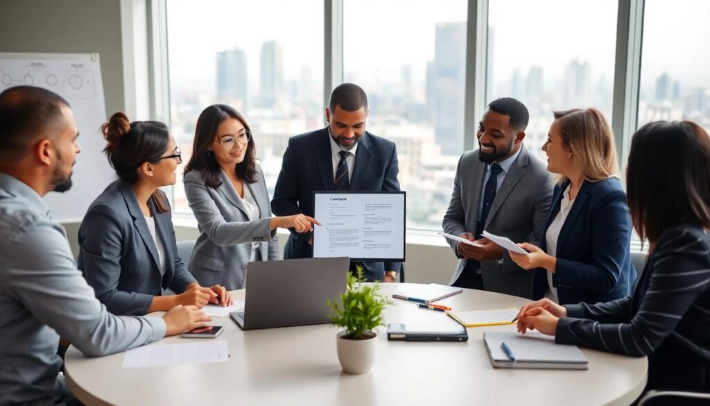 Business team reviewing a generated document and confirming approval before release