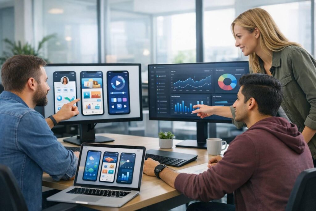 Business team reviewing mobile app usage analytics and customer task completion metrics