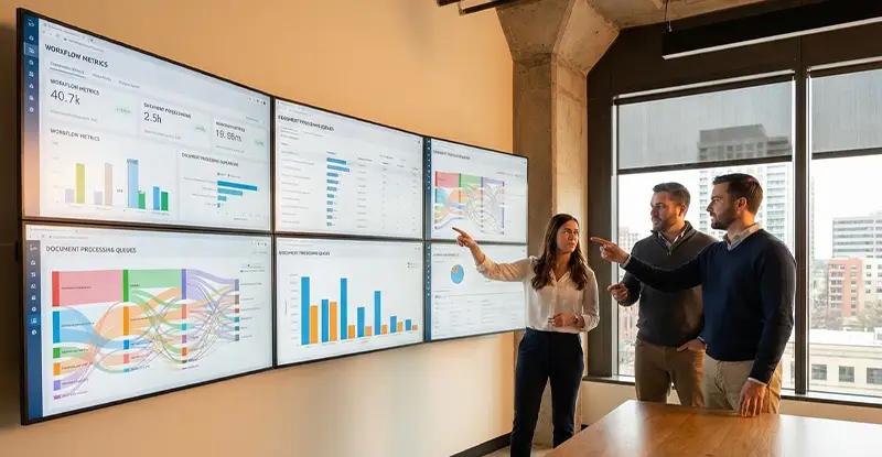 Business team reviewing workflow automation performance metrics and measurable outcomes
