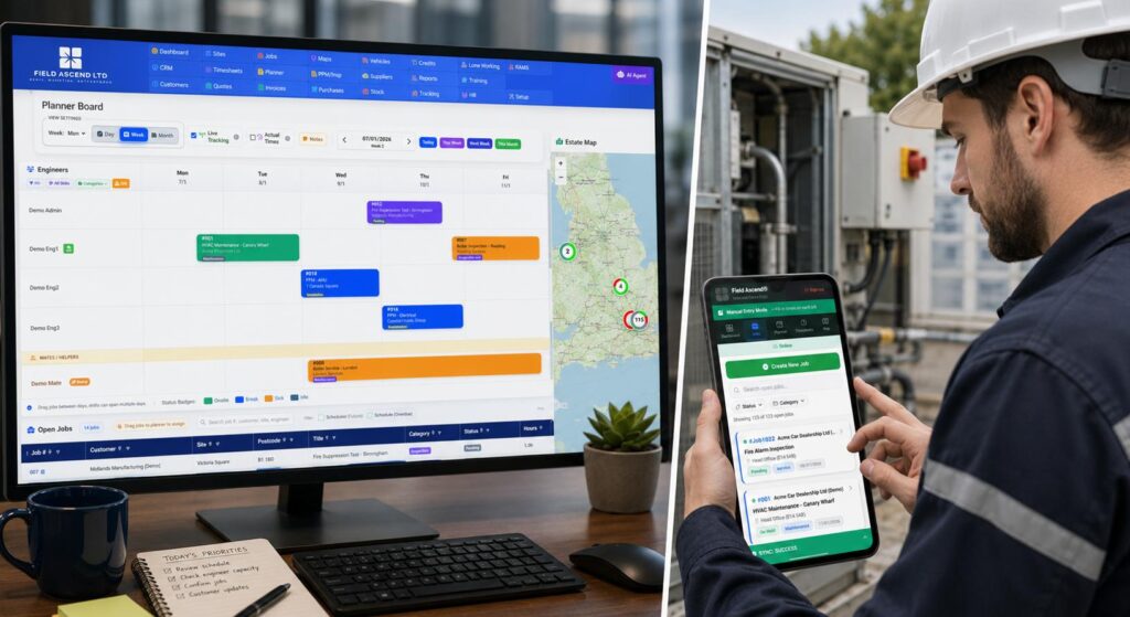 Business web admin dashboard and mobile worker application using a shared system