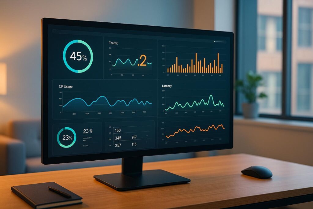 Computer screen displaying system performance metrics and analytical charts