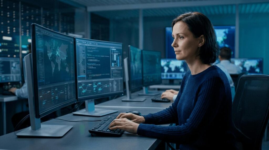 Cybersecurity analyst monitoring access controls and protecting sensitive business data