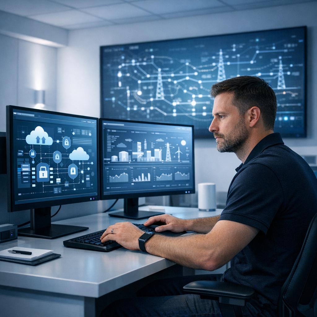Cybersecurity engineer monitoring secure application access and system connections