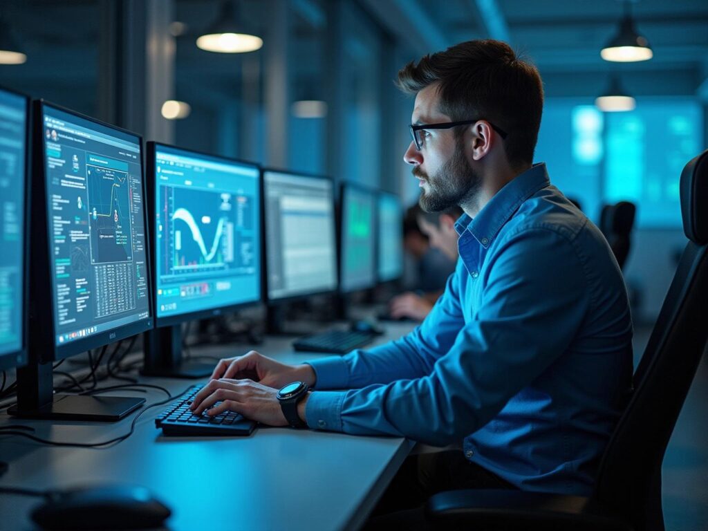 Cybersecurity engineer monitoring software security and system activity