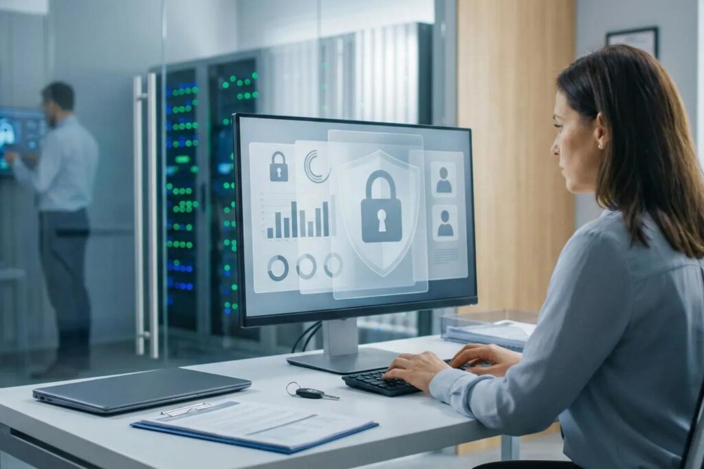 Cybersecurity engineer reviewing data access controls and enterprise security