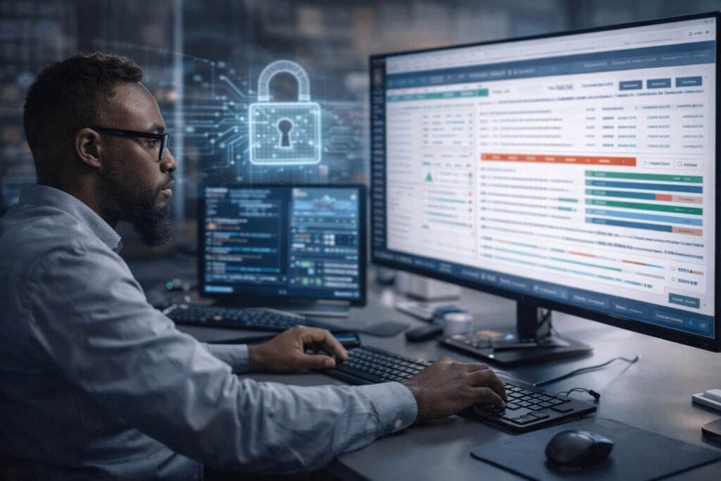 Cybersecurity engineer reviewing sensitive data protection and access controls for application audit logs