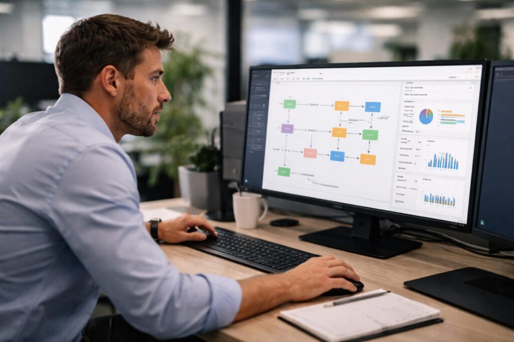 Data analyst examining real business workflow paths and process variants