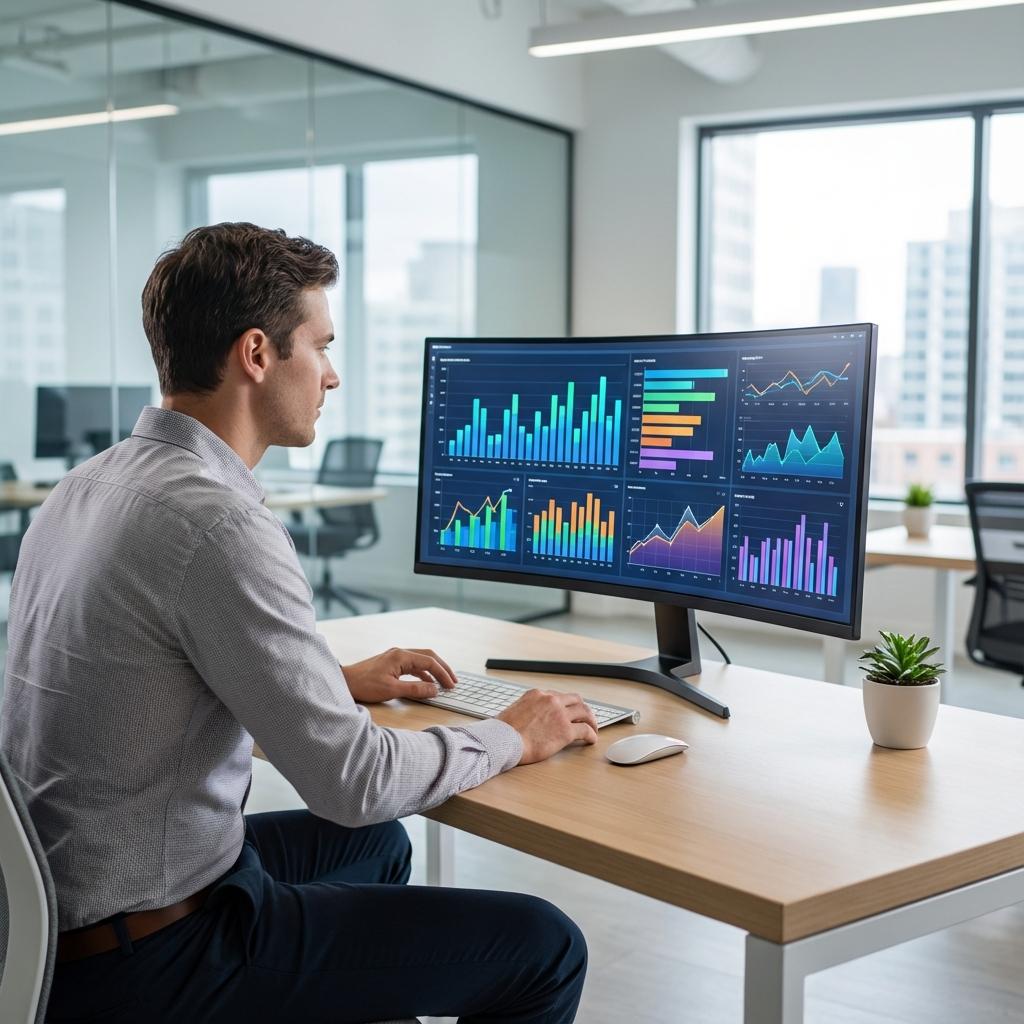 Data analyst monitoring business analytics performance on computer screens