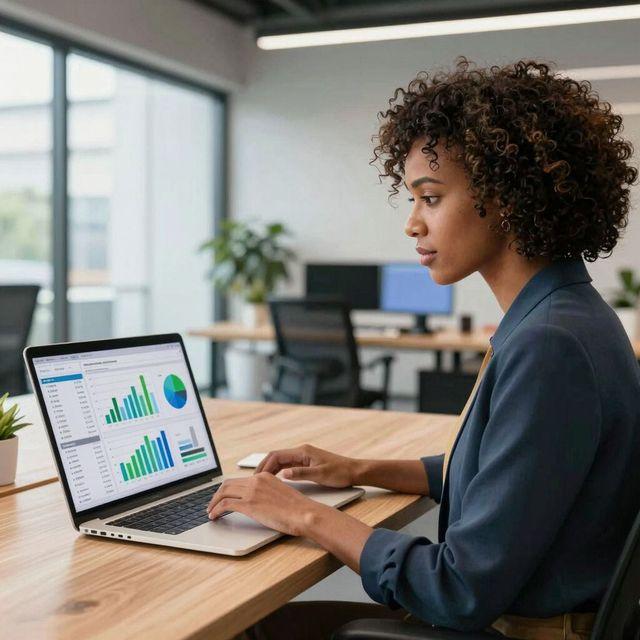 Data analyst reviewing business data and analytical reports on a laptop