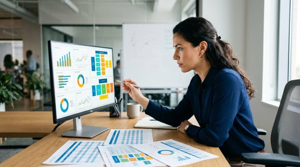 Data analyst reviewing standardized business metrics and kpi definitions for reporting consistency