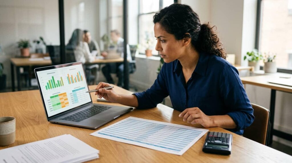Data analyst validating business metrics and benchmark results on a laptop
