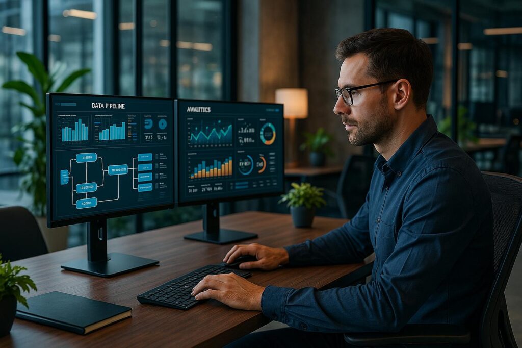 Data engineer monitoring data pipelines and database systems
