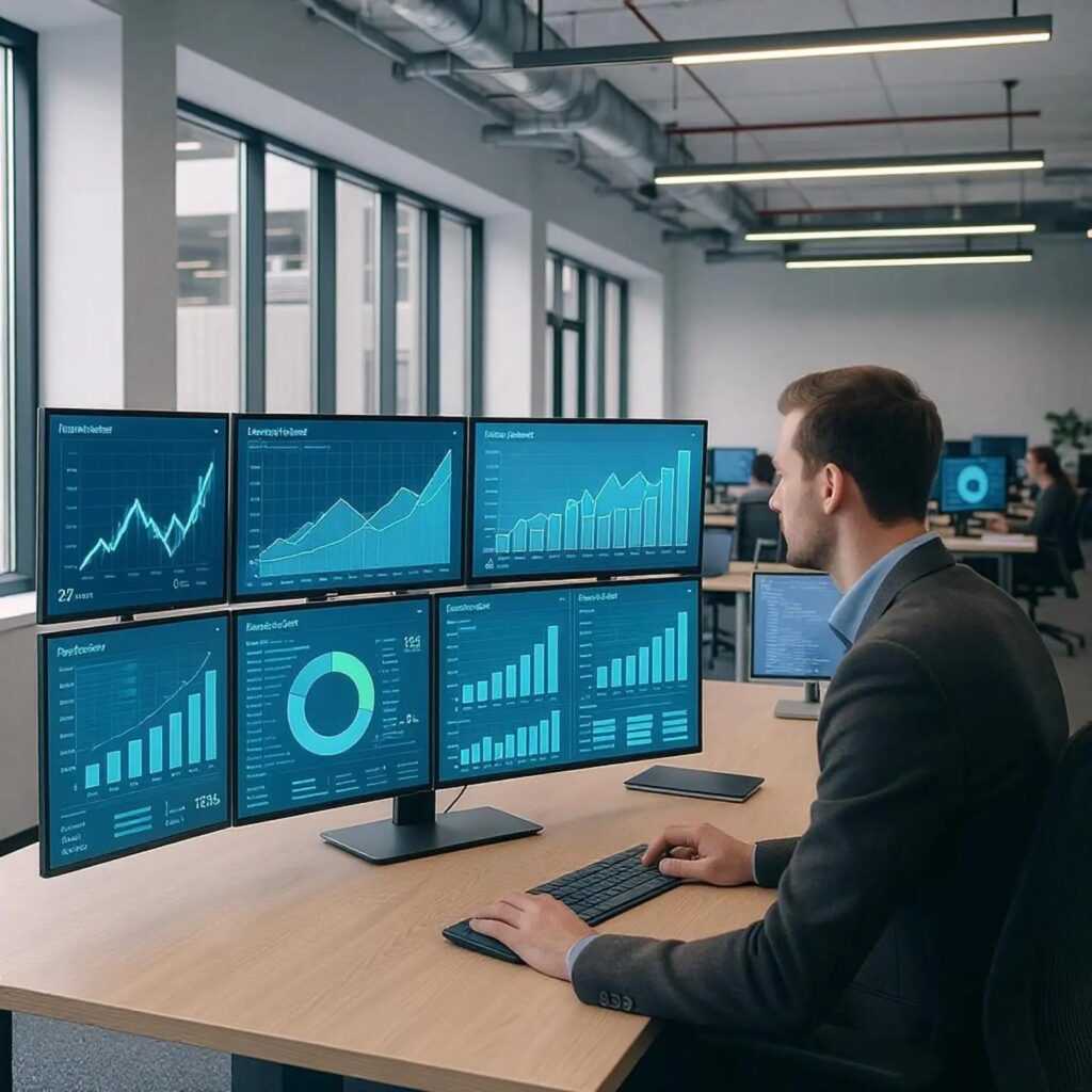 Data engineer monitoring integration performance and system error metrics on dashboards