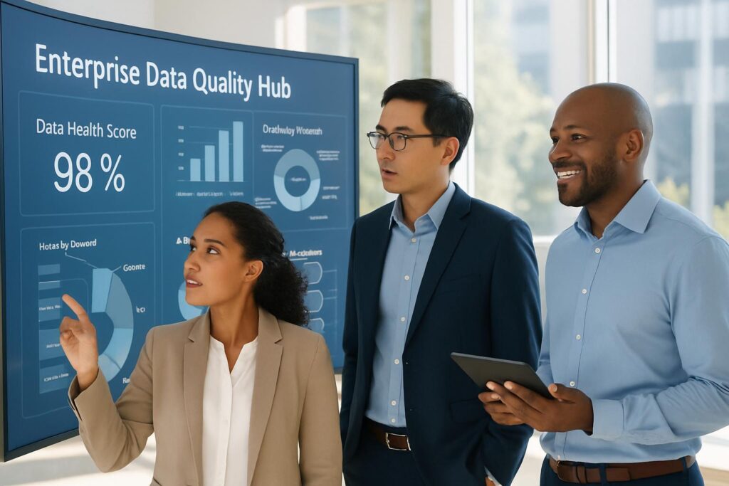 Data engineering team monitoring enterprise data quality and reporting architecture