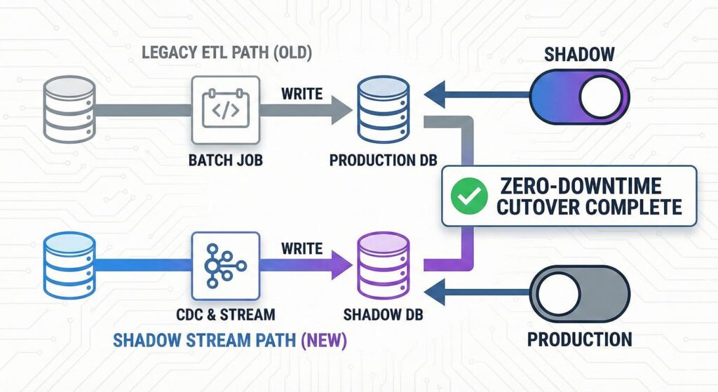 Data engineering team planning redshift to snowflake migration cutover and rollback