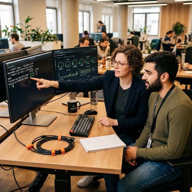 Devops and software team managing deployment monitoring support and project handover