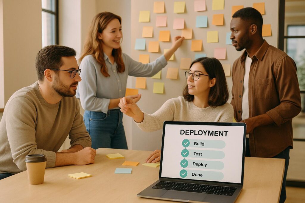 Devops team managing web application deployment infrastructure monitoring and maintenance
