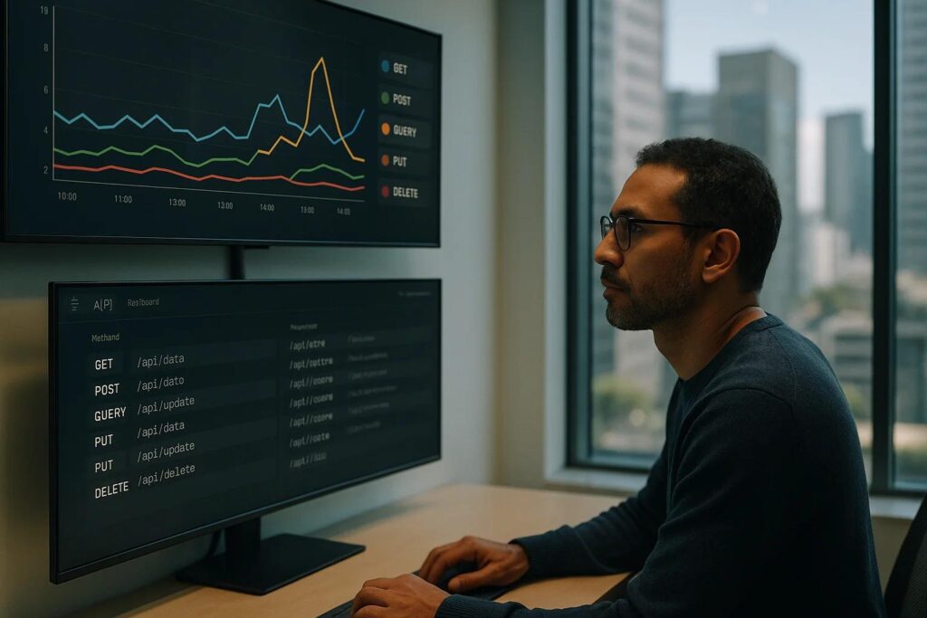 Developers monitoring mobile app apis backend services and cloud infrastructure