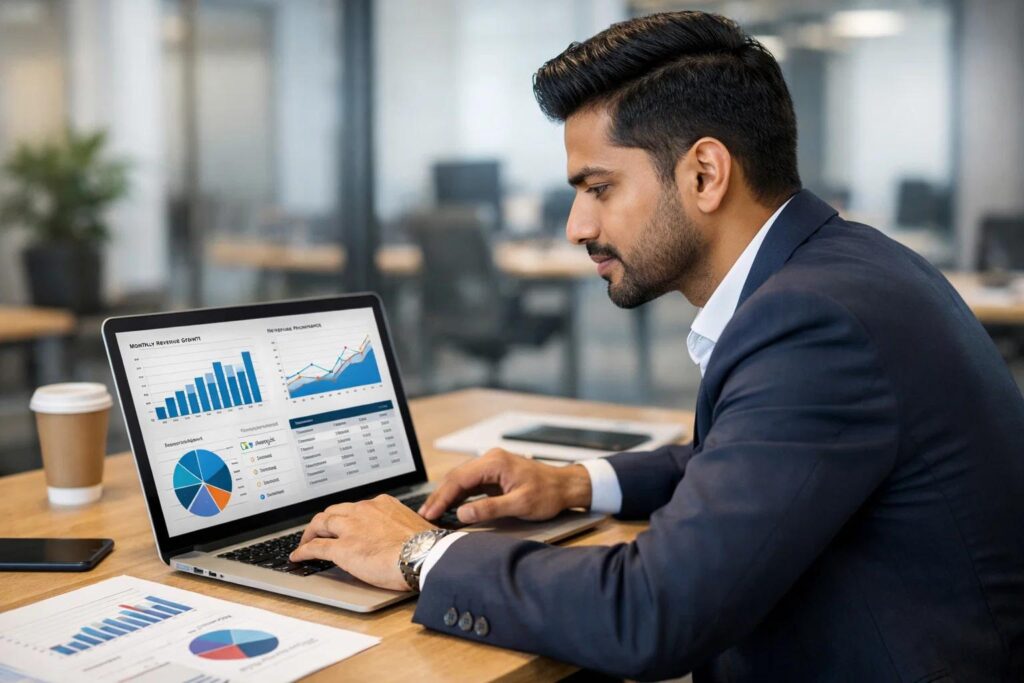 Employee analyzing business performance reports on a laptop