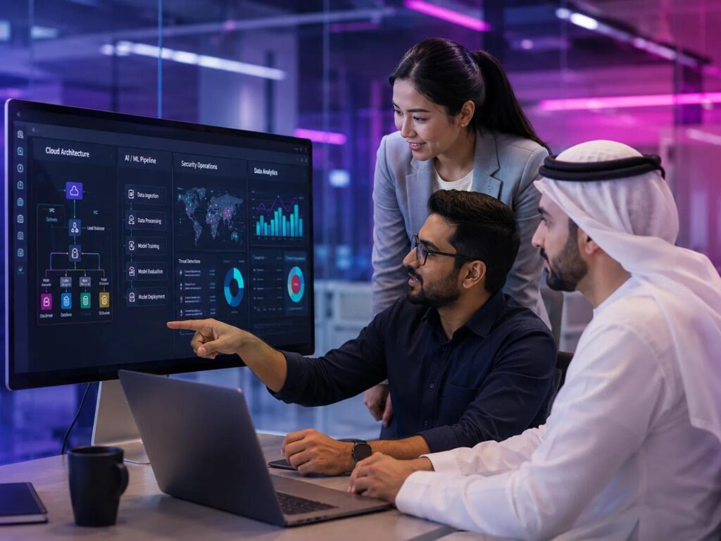 Enterprise technology team reviewing data integration architecture and analytics security controls