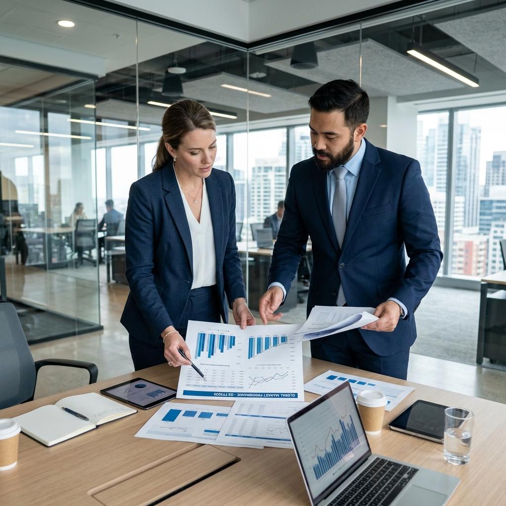 Executive and data analyst reviewing a kpi reporting strategy together