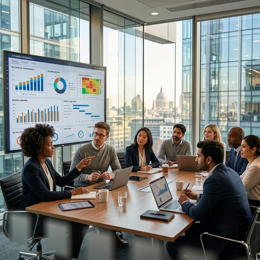 Executive team discussing business performance metrics and strategic decisions