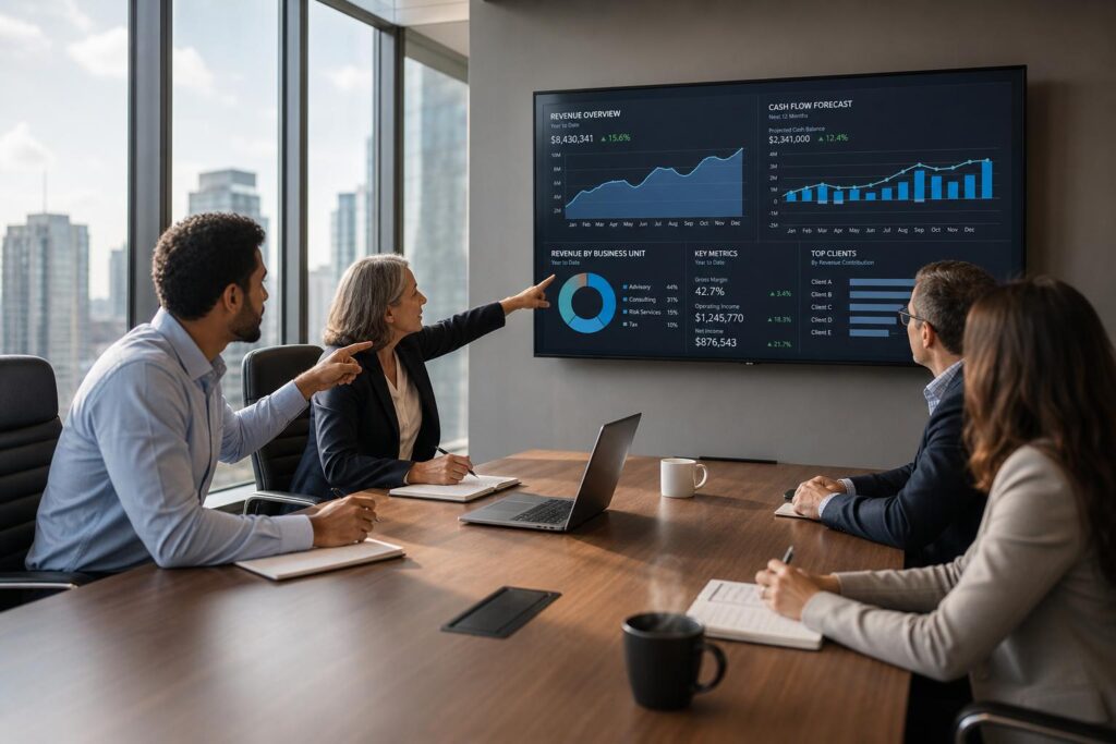 Executives reviewing trusted revenue reporting and certified business intelligence metrics
