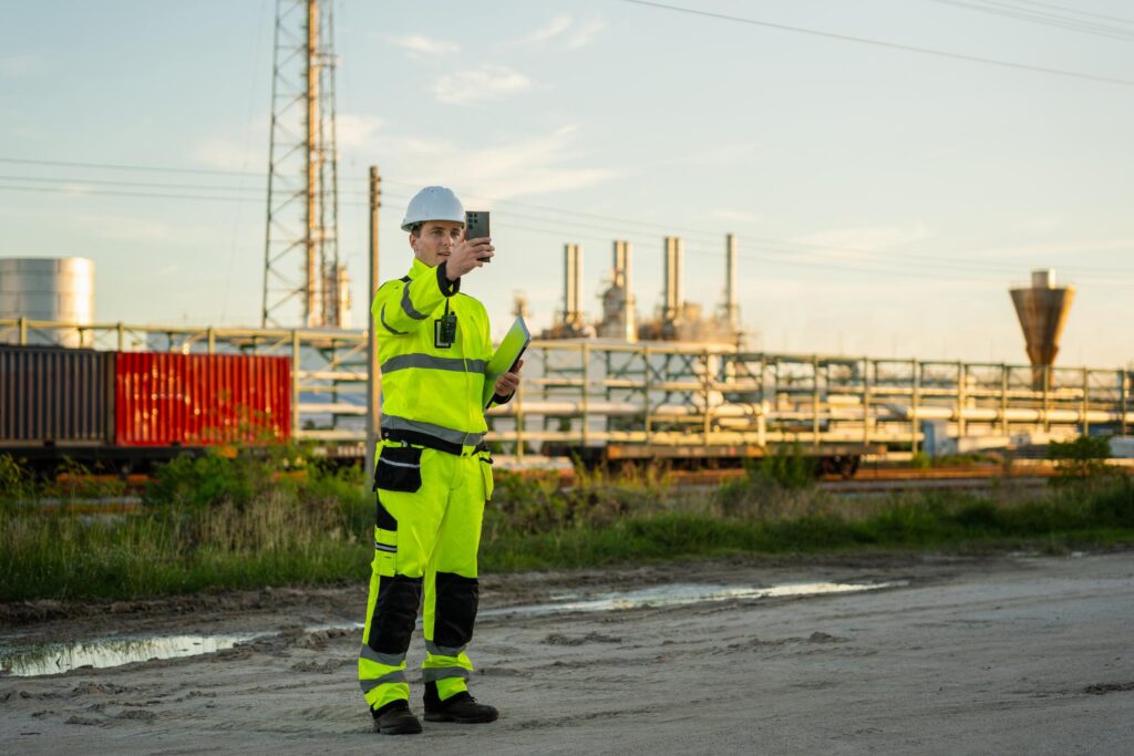 Field inspector completing a mobile work checklist in an area with limited connectivity
