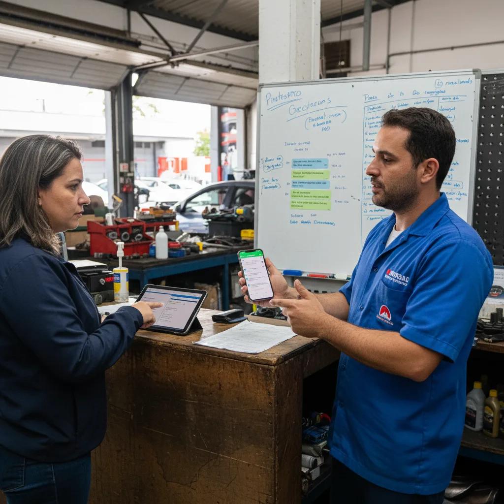 Field service manager reviewing technician updates and synchronization status
