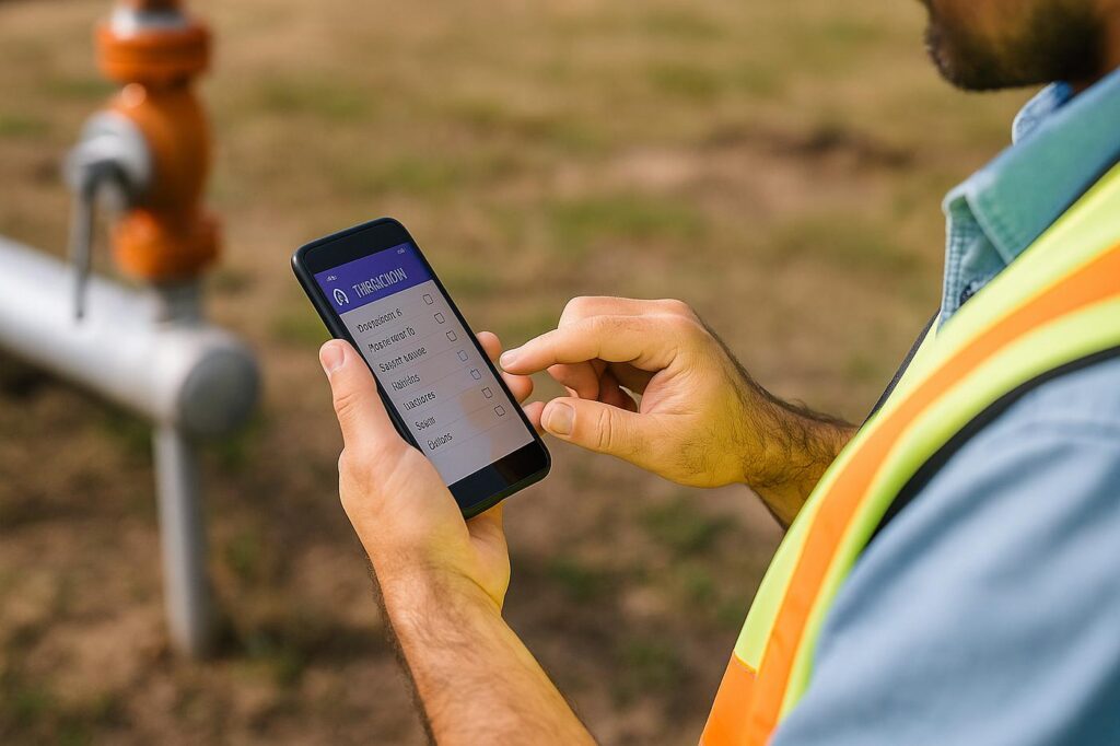 Field technician completing a digital service workflow using a mobile application
