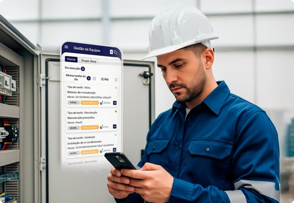 Field technician using a b2b mobile app to manage assigned work orders