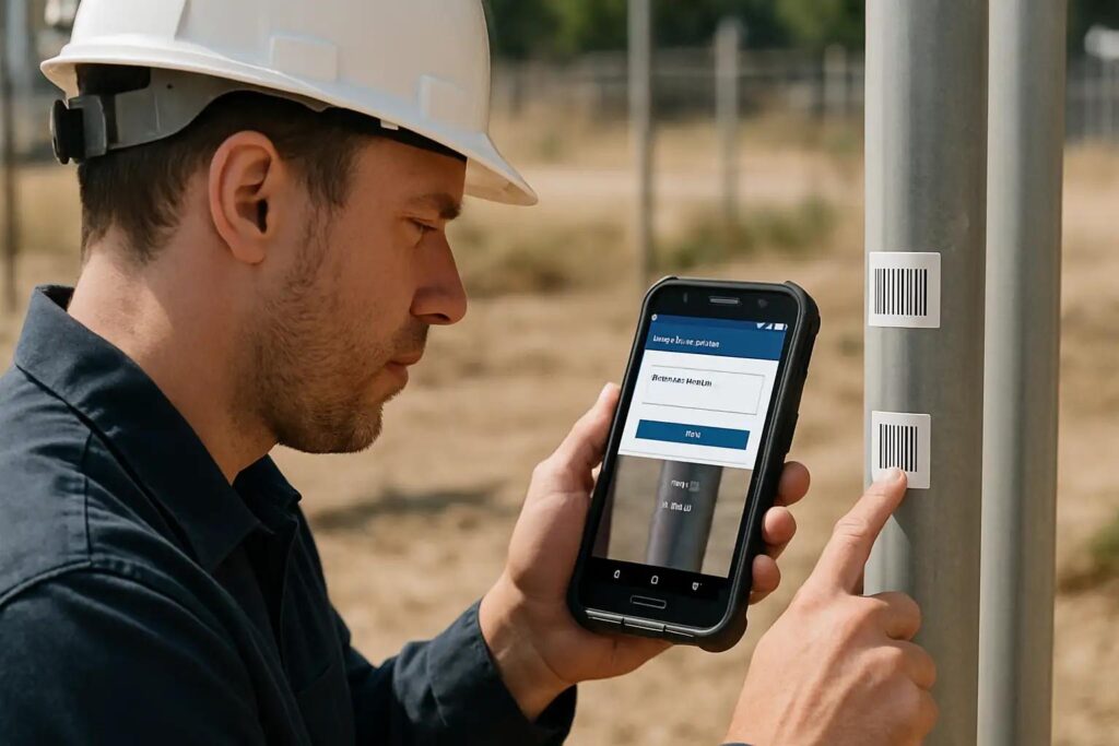 Field technician using a mobile app for equipment photos and barcode scanning