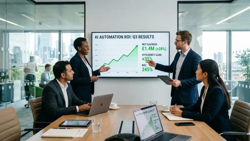 Finance team analyzing workflow automation roi implementation costs and financial benefits