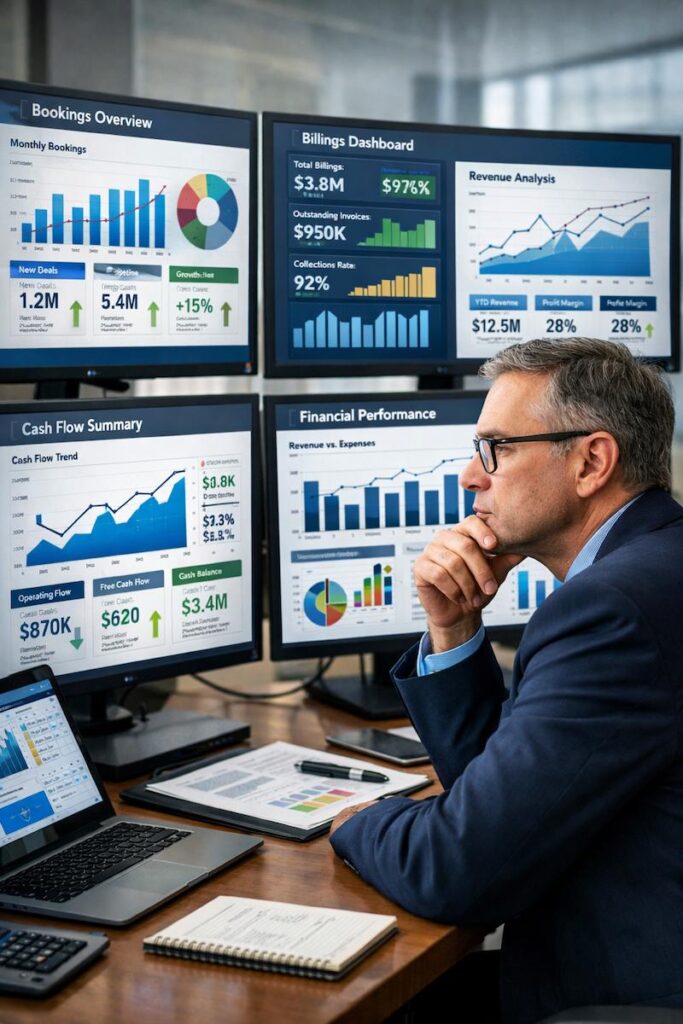 Finance team reviewing trusted salesforce and snowflake reporting dashboard