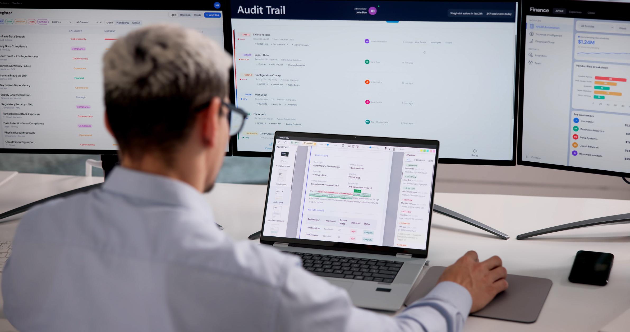 It professional reviewing application audit trails and security activity in a business application