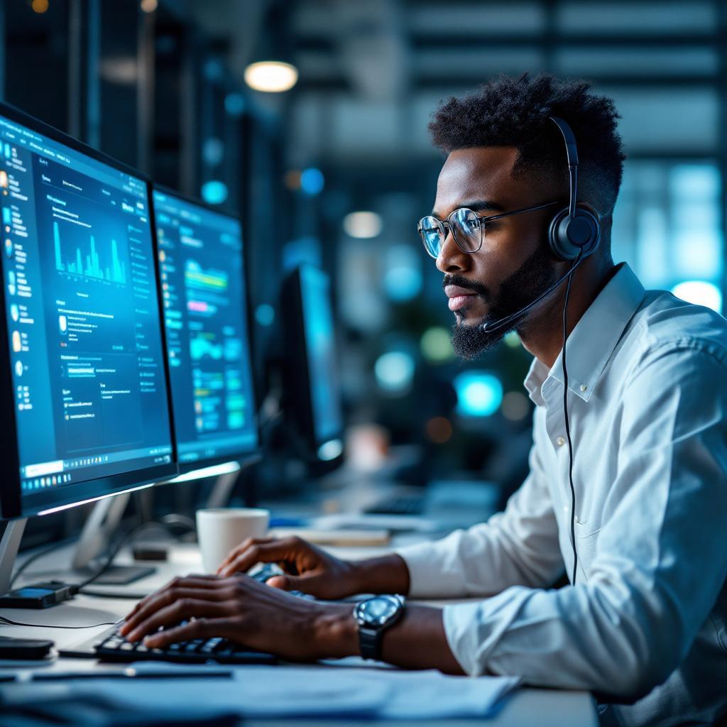 It support engineer troubleshooting a software issue at a workstation