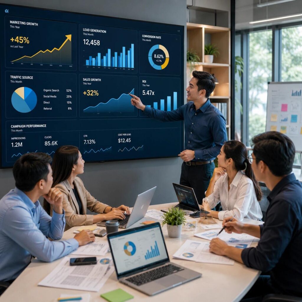 Marketing and bi teams reviewing enterprise marketing analytics and power bi reporting
