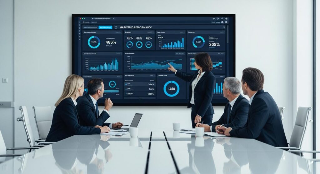 Marketing executives reviewing an enterprise marketing reporting dashboard