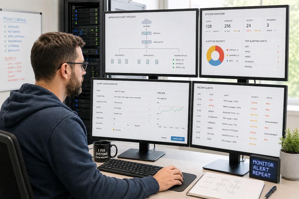 Production monitoring dashboard showing application health logs uptime and alerts