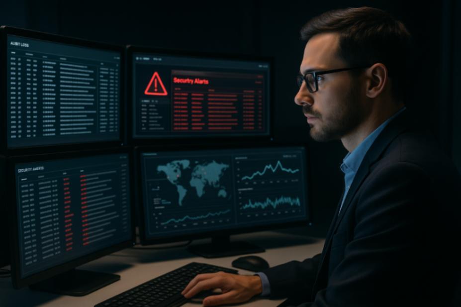 Security operations analyst monitoring application audit events and investigating suspicious activity