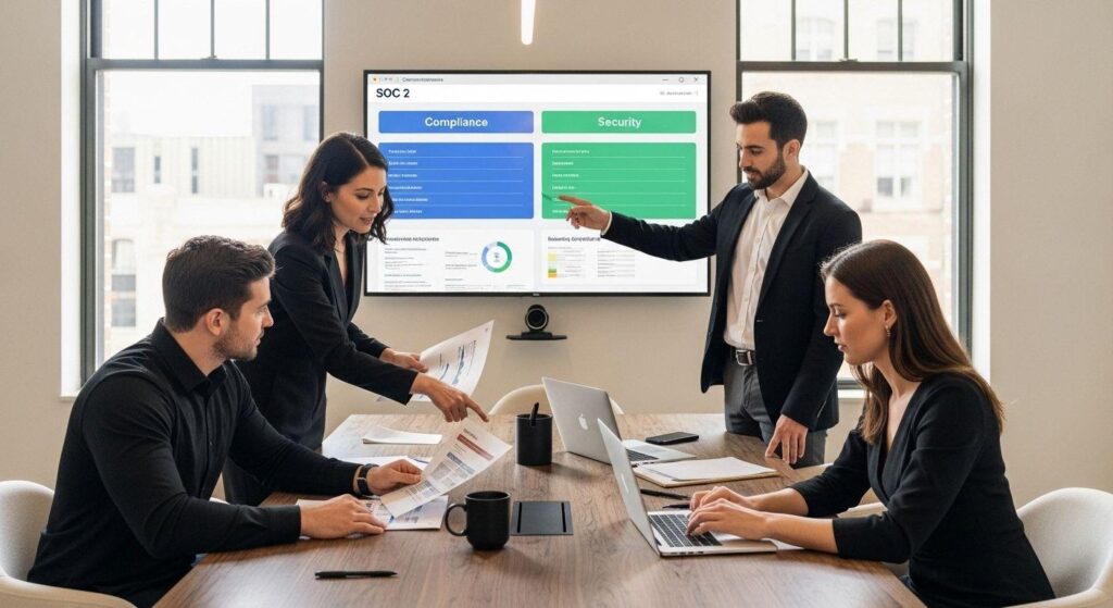 Security team reviewing customer portal identity access controls and compliance