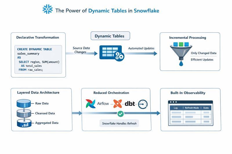 Snowflake dynamic tables declarative sql pipeline for automated data transformations